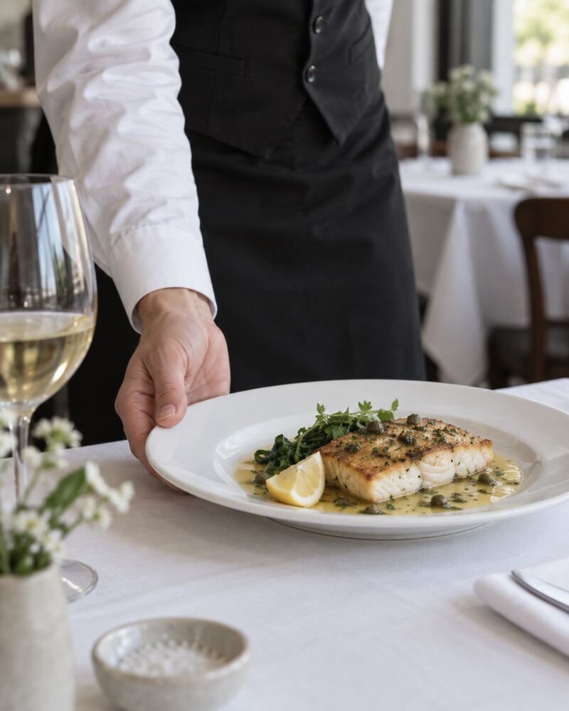 A server placing a fish fillet on the table