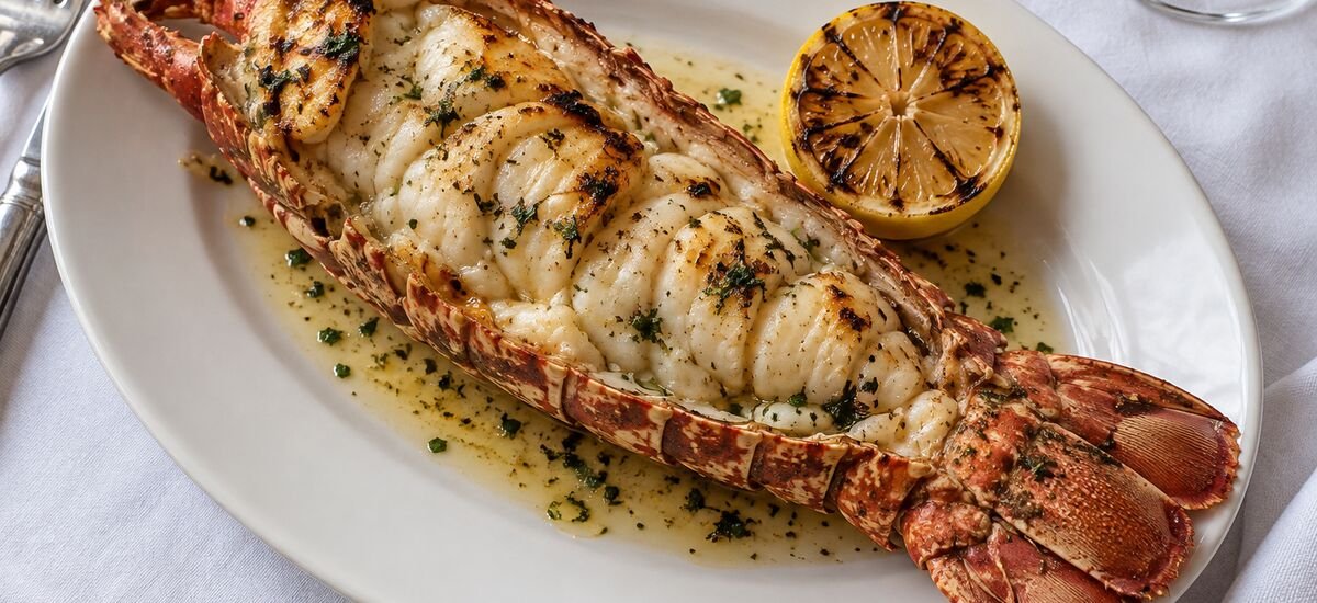 Grilled lobster with herb butter and charred lemon