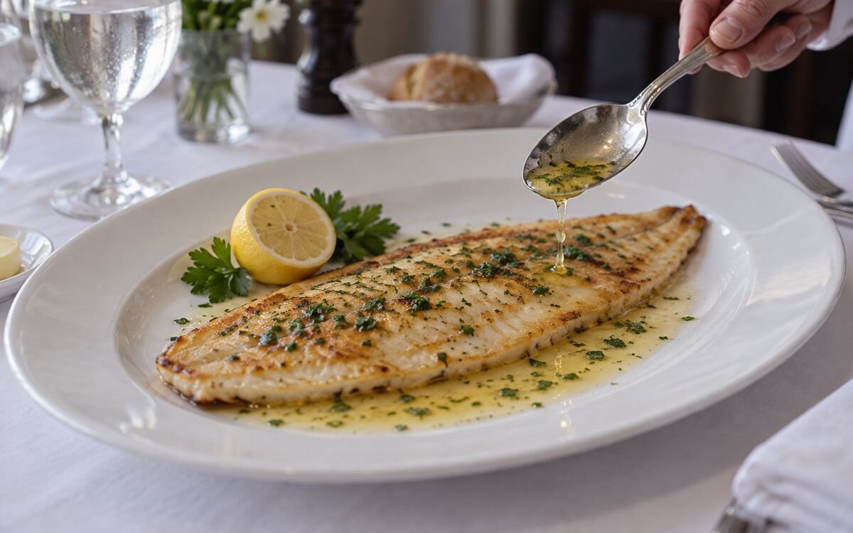 A cooked Dover sole fillet being finished with brown butter